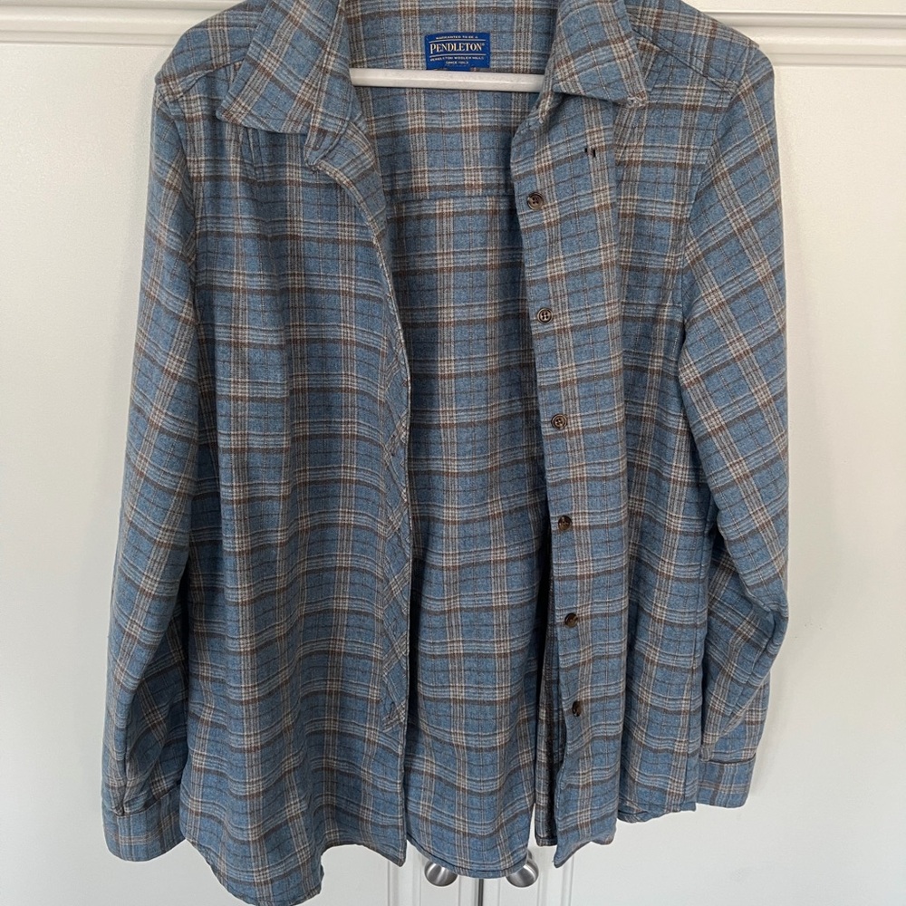 Pendleton Blue Plaid Button-Front Wool Shirt Large - image 1